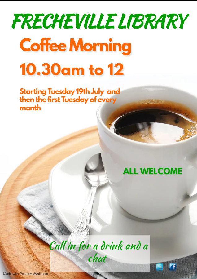 LIBRARY UPDATE - We are starting a Coffee Morning in the library. The first one will take place on Tuesday 19th July 10.30 - 12. They will then be held on the first Tuesday of every month. There will be a small charge for drinks. All welcome. #Community