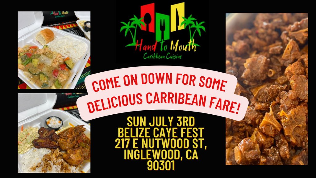 🍖Spice up your life!🌶️ Today's Trucks: Sunday- 7/3 Hand To Mouth @handtomouthcuisine instagram.com/handtomouthcui… 📌Belize Caye Fest 217 E Nutwood St Inglewood, CA 90301