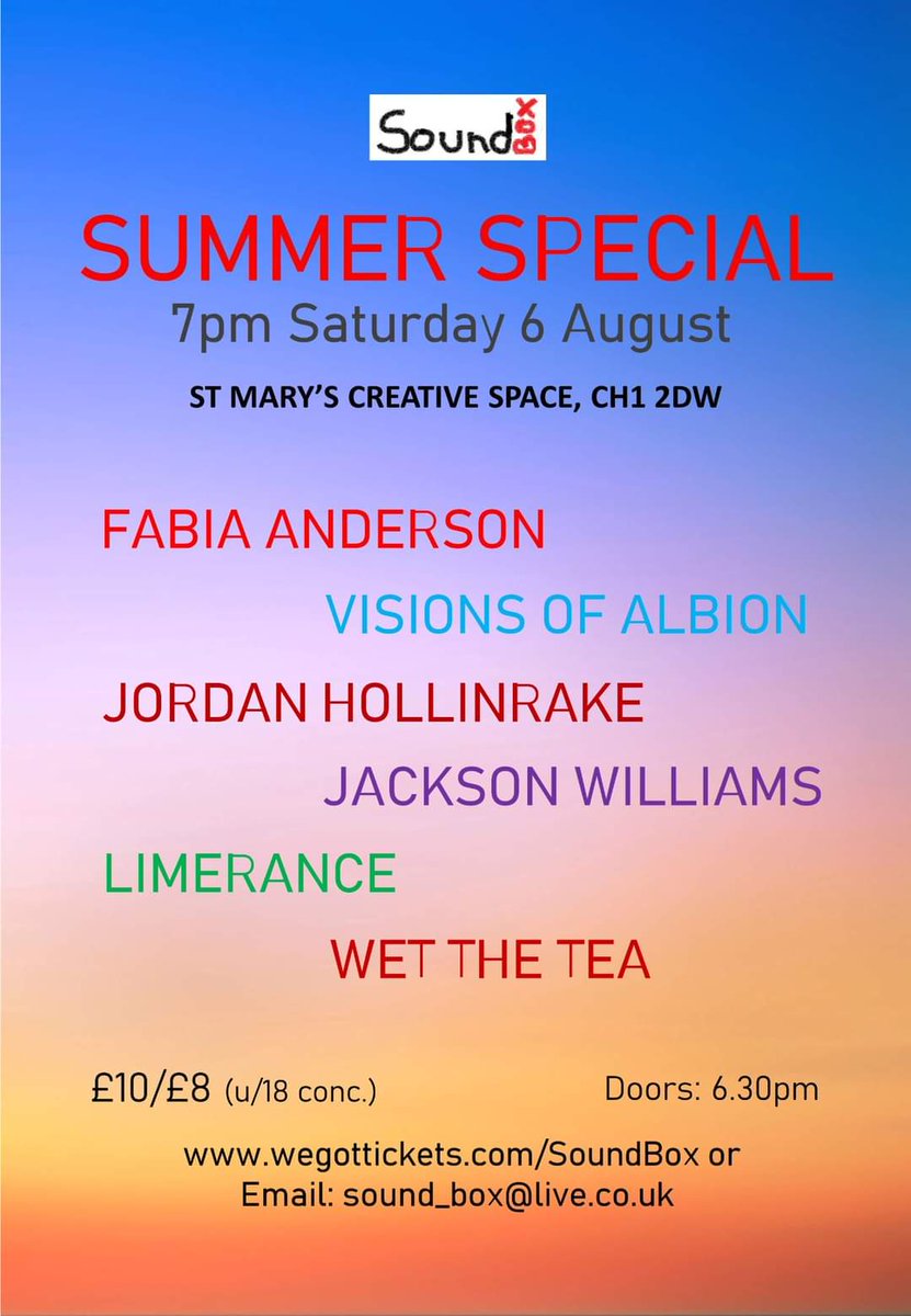 Next up is @SoundBox27_Rose's Summer Special at @CreativeMarys on 6th August! It'll be our first Chester show so we're extra excited! 🥳 Tickets available via our Linktree (in Bio!) or by following the link below: wegottickets.com/event/547083#