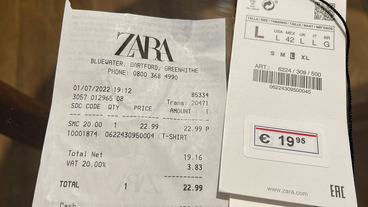 PriyaMattu5's tweet photo. @ZARA_Care @ZARA queried this instore in Bluewater, and was brushed off by the staff. So confused with this pricing - pretty sure I’ve been overcharged 😵‍💫 also why are UK tags in Euros only now? https://t.co/pxfYI8VxPz