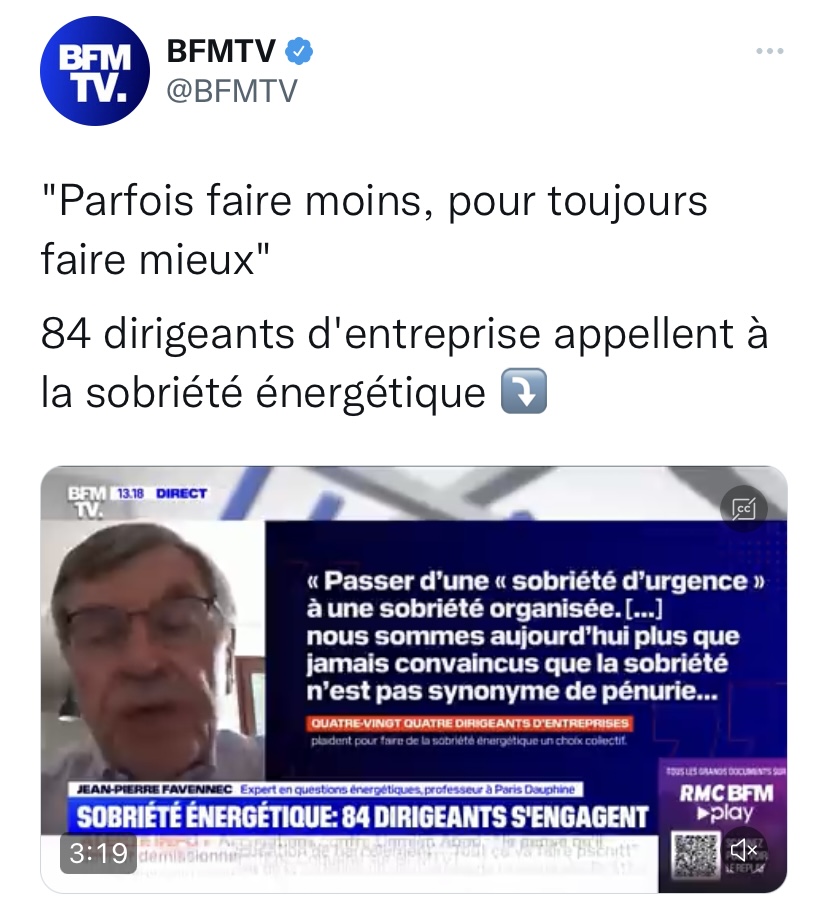 🗞️"Parfois faire moins, pour toujours faire mieux"
84 dirigeants d'entreprise appellent à la sobriété énergétique <a href="/BFMTV/">BFM</a> 
👉 x.com/bfmtv/status/1…