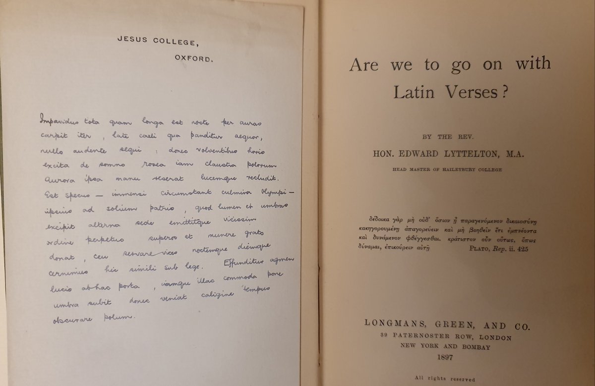 AntigoneJournal's tweet photo. Then there's a commentary on Selections of Horace, with comment from the motley crew of Baxter-Gesner-Zeunius (London, 1809). Then a very rare book, the Hon. Ed. Lyttelton's "Are We To Go On With Latin Verses?" (answer obvious; London,1897). And some Latin verses by C.J. Fordyce. https://t.co/tpaqmdHXdm