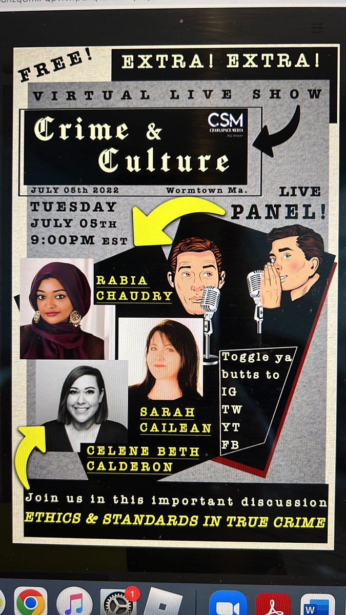 rabiasquared's tweet image. There is so much to address about the ethics of #truecrime and on Tuesday evening I’ll be doing just that with @CaileanSarah and @CeleneBeth on a free, live, virtual show in partnership with @Crawlspacepod @CrawlspaceMedia. Come join us as we get into the nitty gritty.