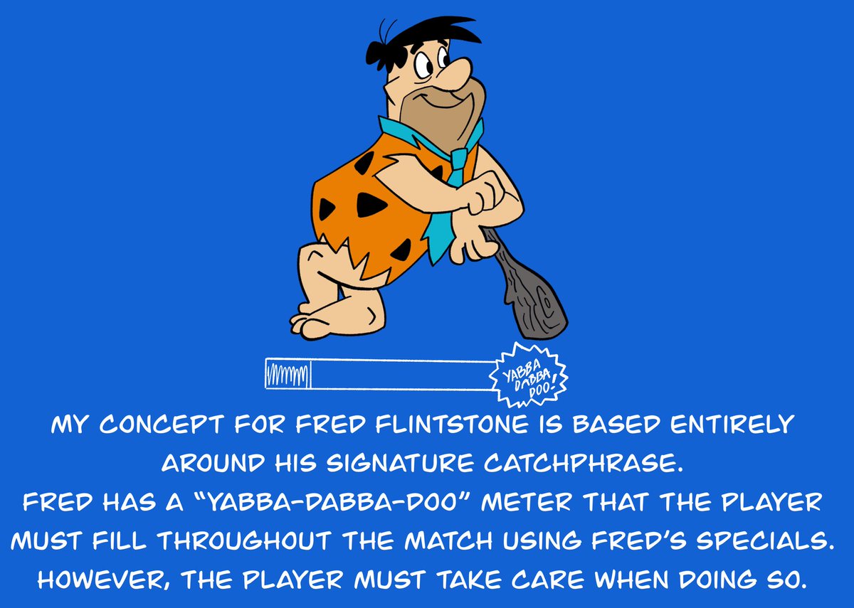 thepowerplumber's tweet image. Here is my next #Multiversus character concept, this time for Fred Flintstone!

@multiversus seems to enjoy taking risks and being unique with their character designs (Taz turns enemies to chickens, Iron Giant reportedly can’t jump + is twice as big) so I try to be creative too!