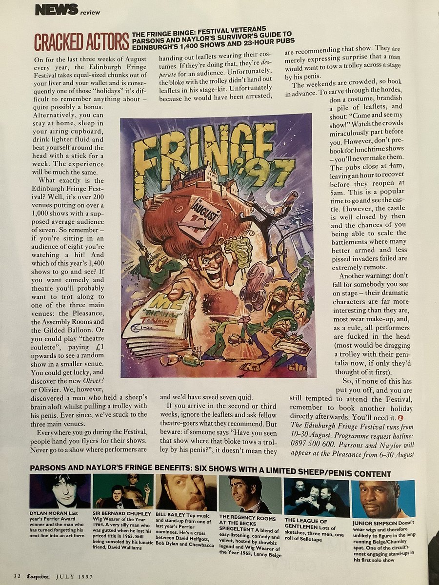 Migraine Jones (@migrainejones) on Twitter photo 25 years ago this month <a href="/MrAndyParsons/">Andy Parsons</a> & <a href="/HenryNaylorUK/">Henry Naylor</a> wrote about <a href="/edfringe/">Edinburgh Festival Fringe</a> for Esquire magazine.
Tipping Fringe shows by <a href="/thedylanmoran/">Dylan Moran</a> <a href="/BillBailey/">Bill Bailey</a> <a href="/RealMattLucas/">Matt Lucas HQ</a> <a href="/lennybeige/">Lenny Beige</a> #TheLeagueofGentlemen & <a href="/JuniorSimpson/">Junior Simpson</a> 25 years ago this month <a href="/MrAndyParsons/">Andy Parsons</a> & <a href="/HenryNaylorUK/">Henry Naylor</a> wrote about <a href="/edfringe/">Edinburgh Festival Fringe</a> for Esquire magazine.
Tipping Fringe shows by <a href="/thedylanmoran/">Dylan Moran</a> <a href="/BillBailey/">Bill Bailey</a> <a href="/RealMattLucas/">Matt Lucas HQ</a> <a href="/lennybeige/">Lenny Beige</a> #TheLeagueofGentlemen & <a href="/JuniorSimpson/">Junior Simpson</a>