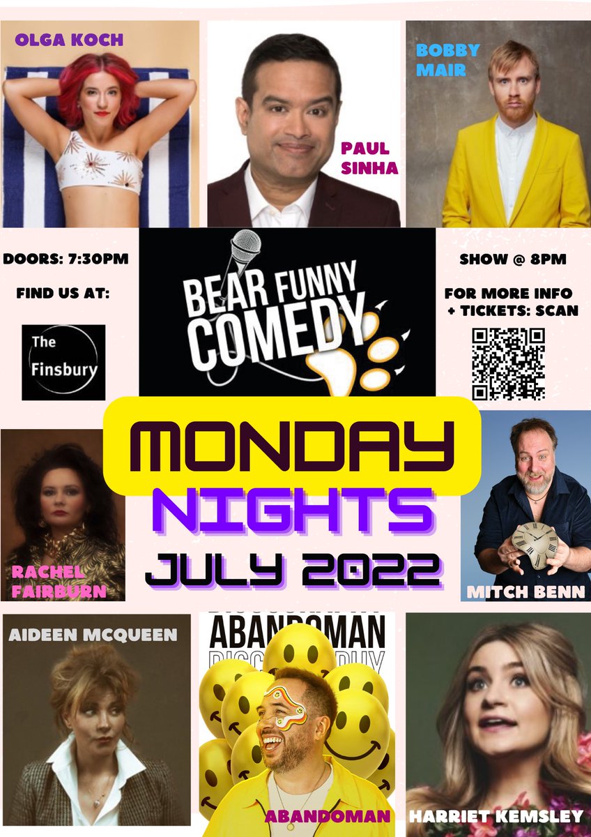 BearFunnyComedy's tweet photo. Get your tickets now! Our shows this month @TheFinPub in North London are on 🔥 @rocknrolga @paulsinha @BobbyMair @RachelFairburn @MitchBenn @aideenmcqueen @Abandoman @harrietkemsley Tickets from link in bio.#Mondaynightcomedy https://t.co/j37xDTIvha
