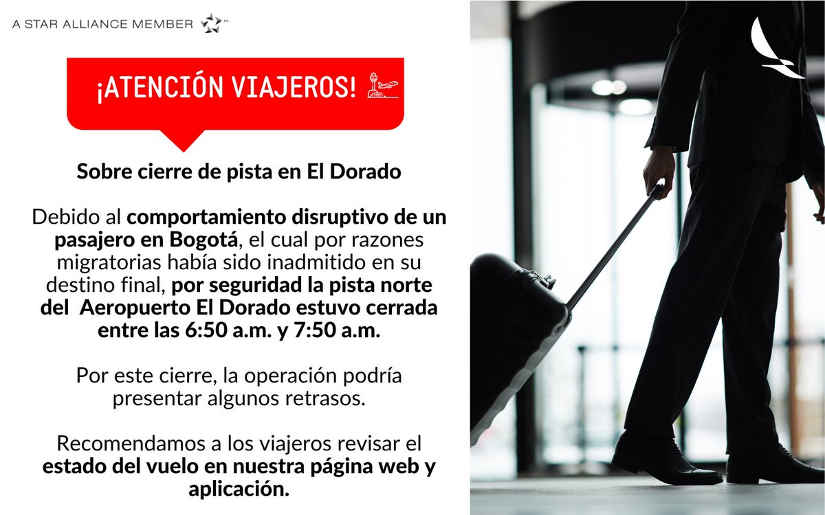 avianca's tweet image. Información sobre el cierre de una de las pistas del @BOG_ELDORADO. La operación puede tener alguna afectación, así que recomendamos revisar el estado de vuelos en nuestra página web: bit.ly/3gbJLxW y app.