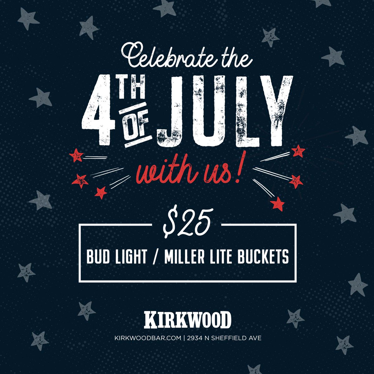 Our doors open at 3pm tomorrow! Come celebrate the 4th with us at #KirkwoodBarChi! 🍻🎆 
Yes, we will still have Trivia at 8pm!