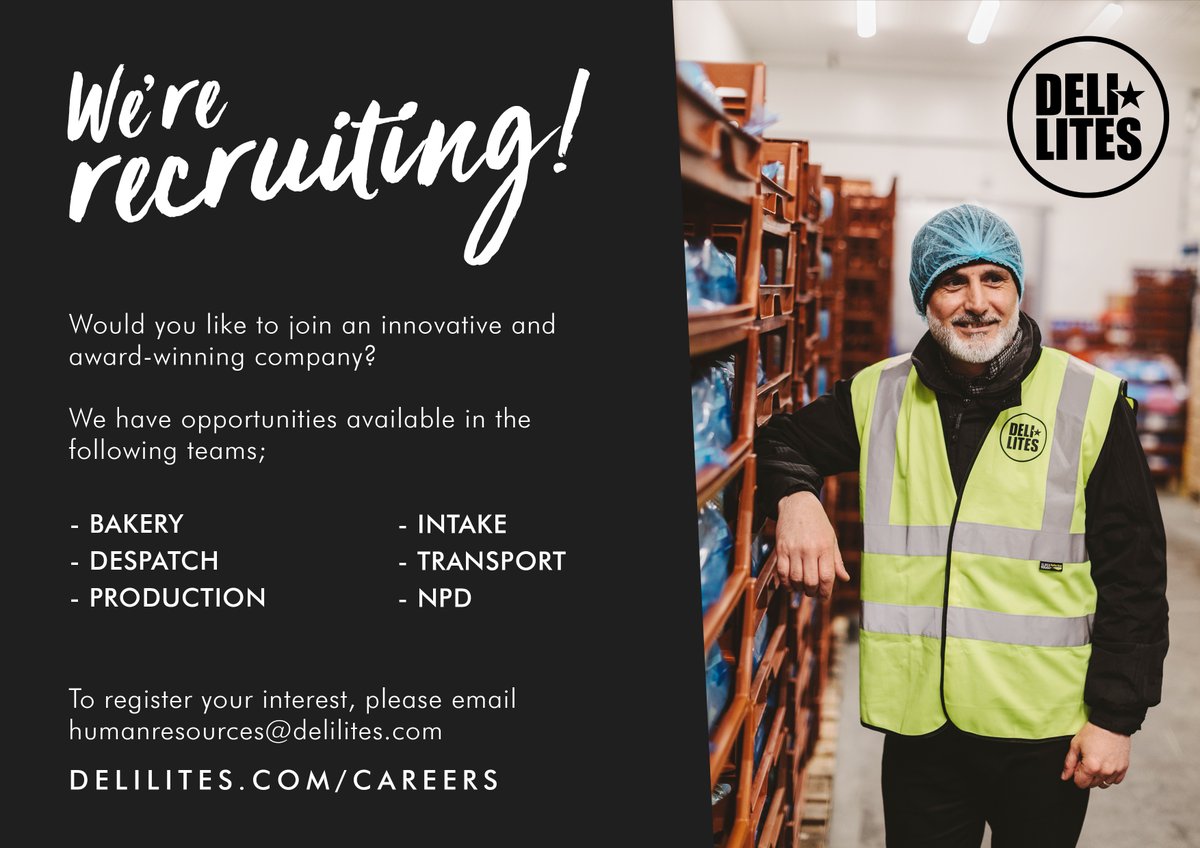 Would you like to join an innovative and award-winning team? We have #jobopportunities available in the following teams:

- Bakery
- Despatch 
- Production
- Intake
- Transport
- NPD

For more information, contact our HR team via humanresources@delilites.com

#hiring #recruiting