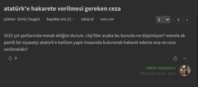 Size Ekşi Sözlük'te yaptığım Chp deneyini göstereyim. Chp zihniyetinin ne olduğunu mükemmel şekilde ortaya çıkaran bir sosyoloji çalışması. Ekşi Sözlük'te " Atatürk'e hakaretin cezası ne olmalıdır" şeklinde bir başlık açtım ve altına aşağıda gördüğünüz entry'i yazdım