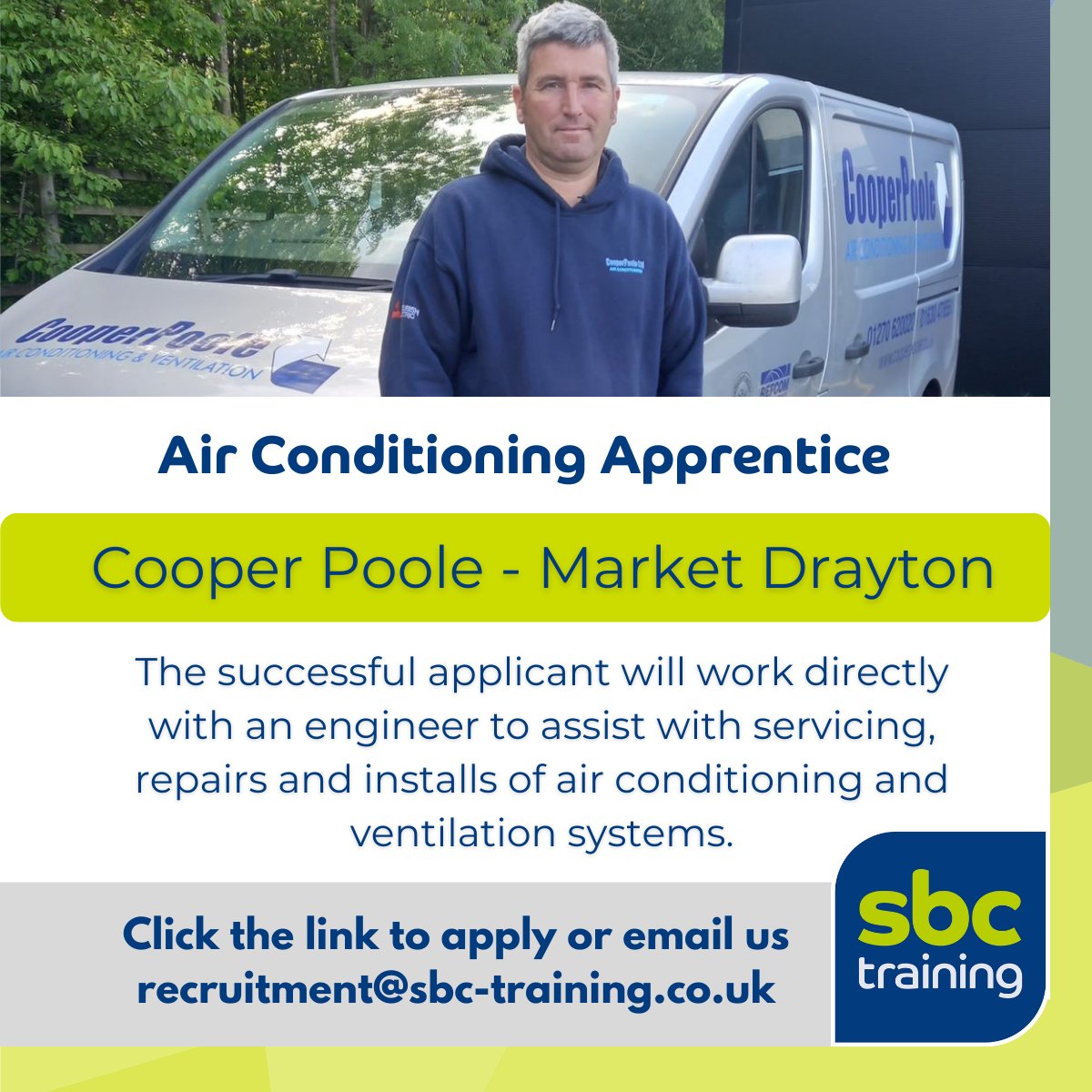Cooper Poole Ltd in #MarketDrayton is now offering a role as...
Air Conditioning Engineer Apprentice. 12 months, Monday to Friday, between the hours of 8am - 5pm. Get more info and apply here - bit.ly/3y5XGO9  
#apprenticeships #SBCtraining #ShropshireJobs