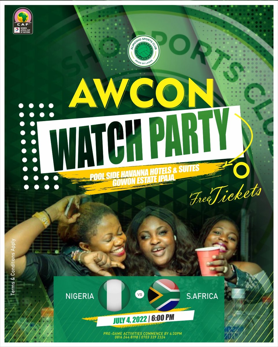 AlimoshoFCL's tweet image. It's AWCON season and AFC fans will gather to party cheer our girls @NGSuper_Falcons as they take on #SouthAfrica....

Venue: Pool Side Havanna Hotel &amp;amp; Suites, Gowon Est. Ipaja Lagos.

Time: 4:30pm

Terms and conditions apply...

#awcon #fans