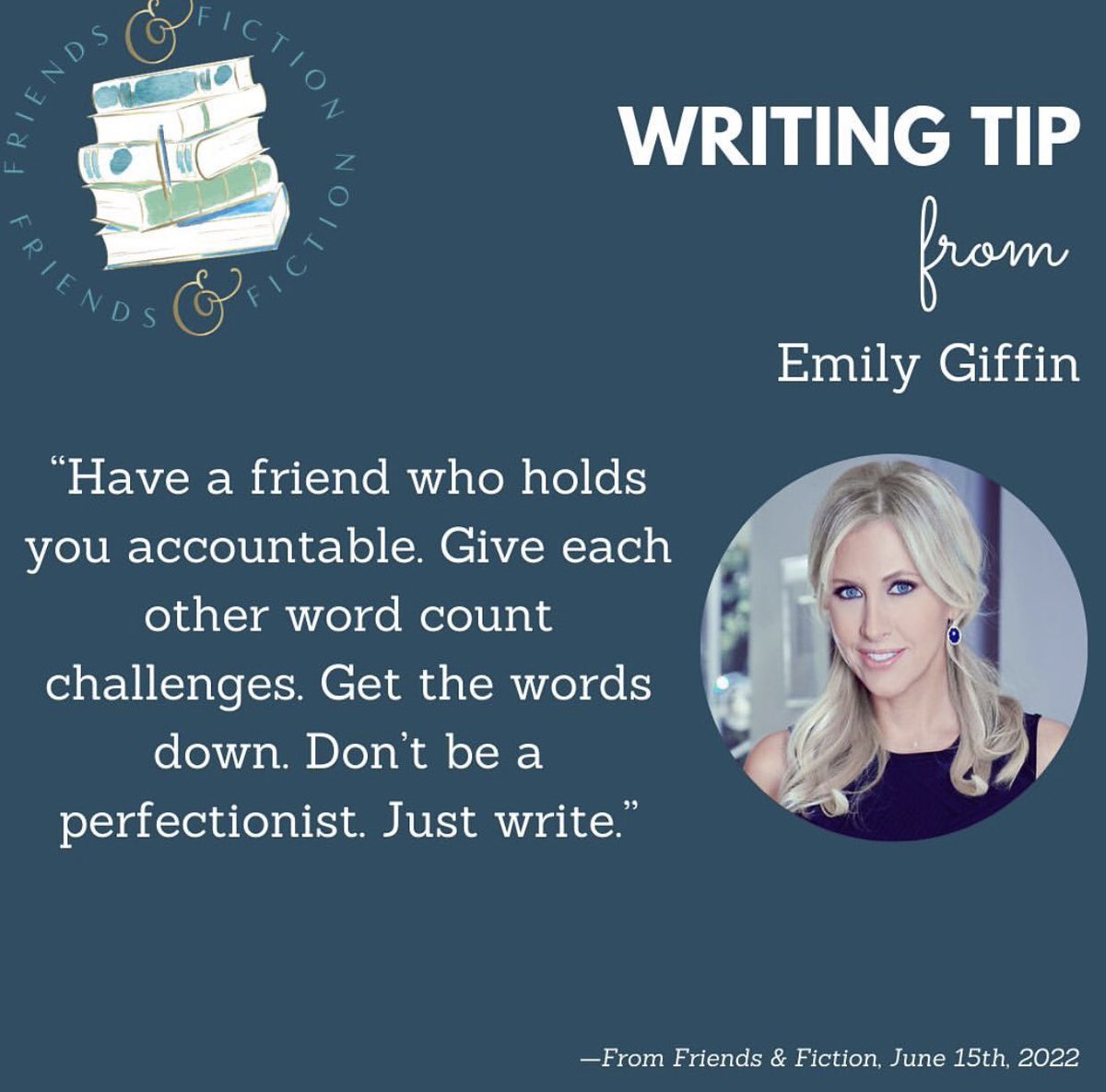A writing ✍️ tip from Emily Giffin! ICYMI here is the link to watch the June 15th episode of Friends & Fiction: bit.ly/3yCyno5