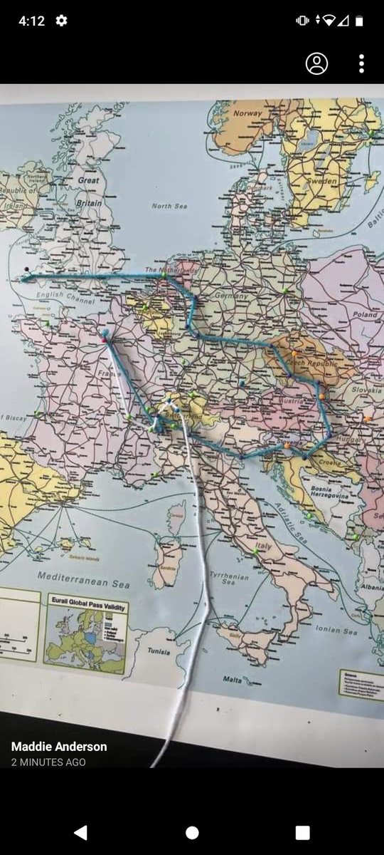 PaulaRooneyAuth's tweet photo. A reader of my book. Maddie, was so inspired by my journey she plotted it out with string :) #backpacking #interailing #europe #solotravel https://t.co/ZZp4aLAvEE