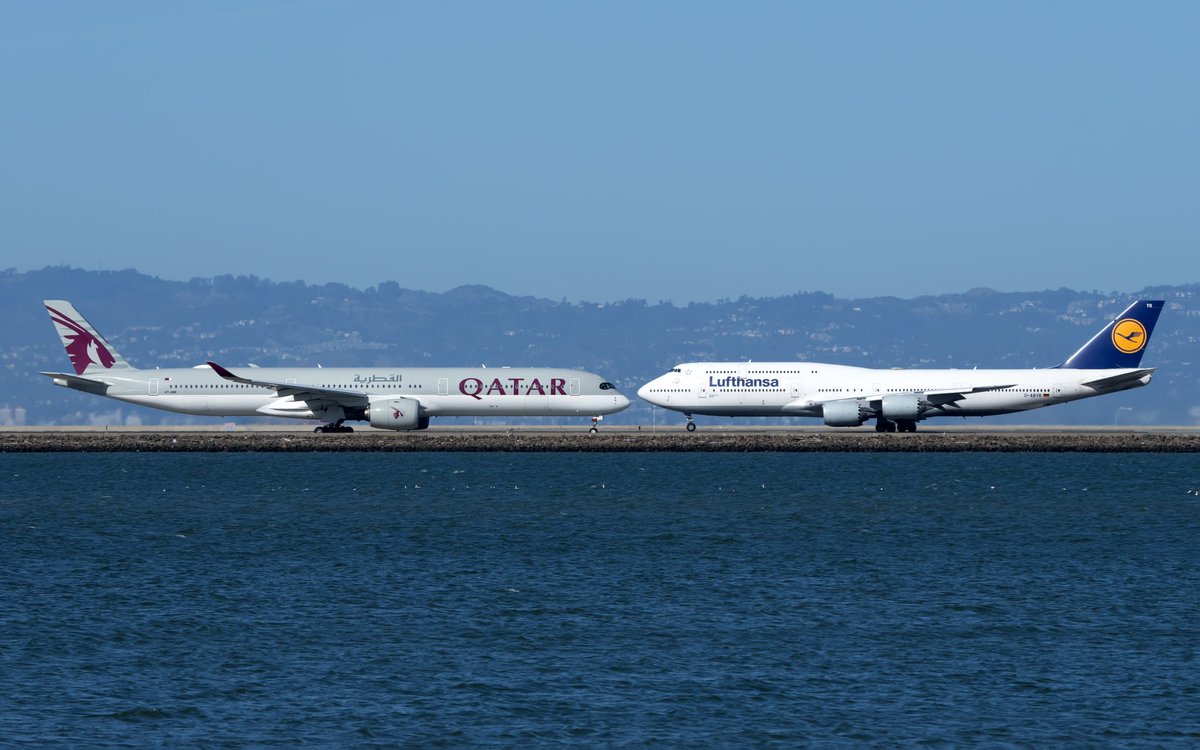 Another quintessential SFO moment with this epic stare down between an Airbus A350K & a Boeing 747-8 before flying off to their destinations. #lufthansa #QatarAirways #airbus #boeing #airports #avgeek #aviation #aviationphotography #airlines