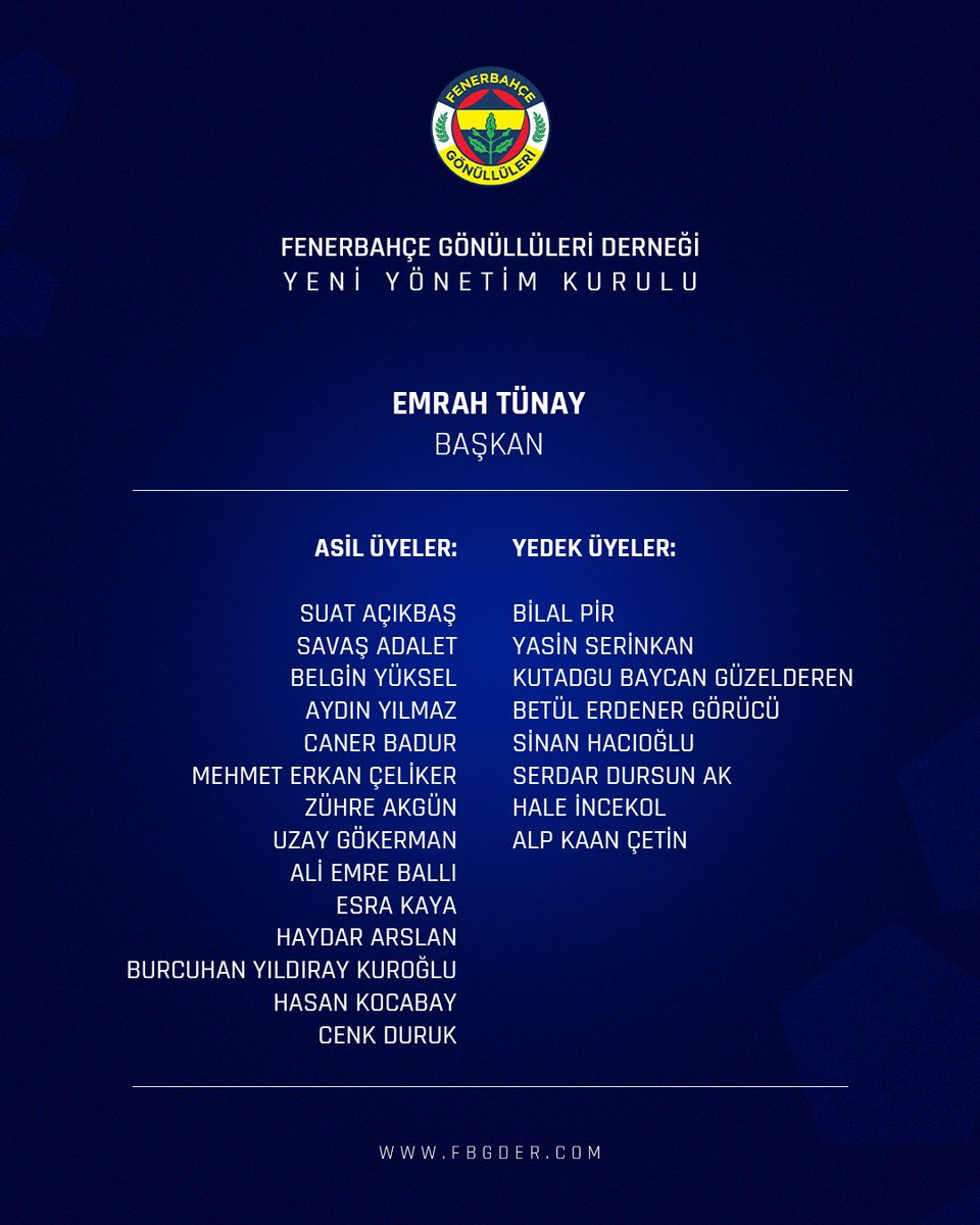 FBGDER's tweet photo. Derneğimizin 8. Olağan Seçimli Genel Kurulu neticesinde başkanlığa tek aday olarak katılan Sn. Emrah Tünay seçilmiştir.

Başkanımız Sn. Emrah Tünay’ın Yeni Yönetim Kurulu Listesi Ek’tedir.
#FBGDER #SadeceFenerbahçe https://t.co/ADfvunQZAJ