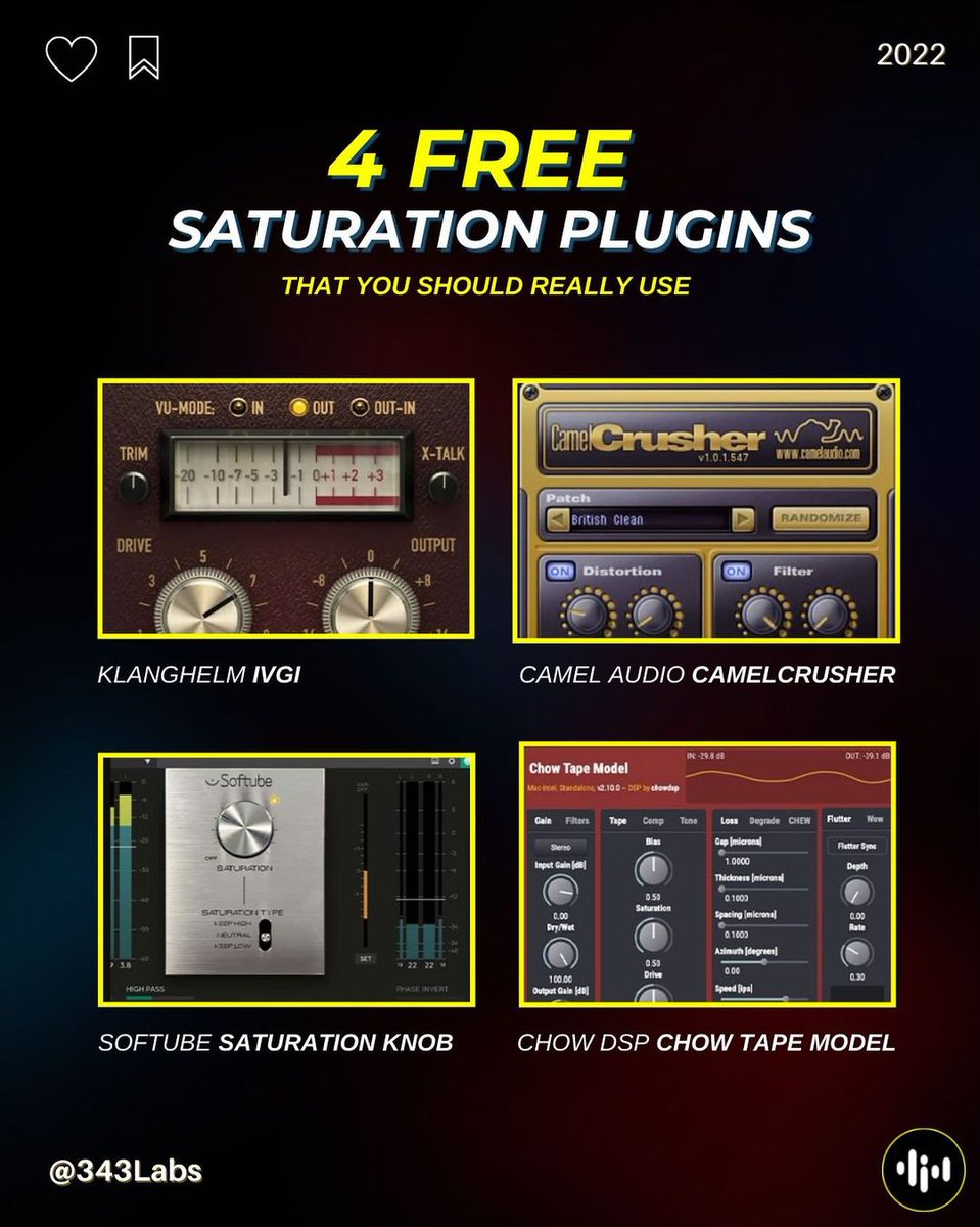 343labs's tweet photo. 4 Free Saturation Plugins.
#musicproduction #musicproducer #musicproducriontips https://t.co/sTn62xAxS8