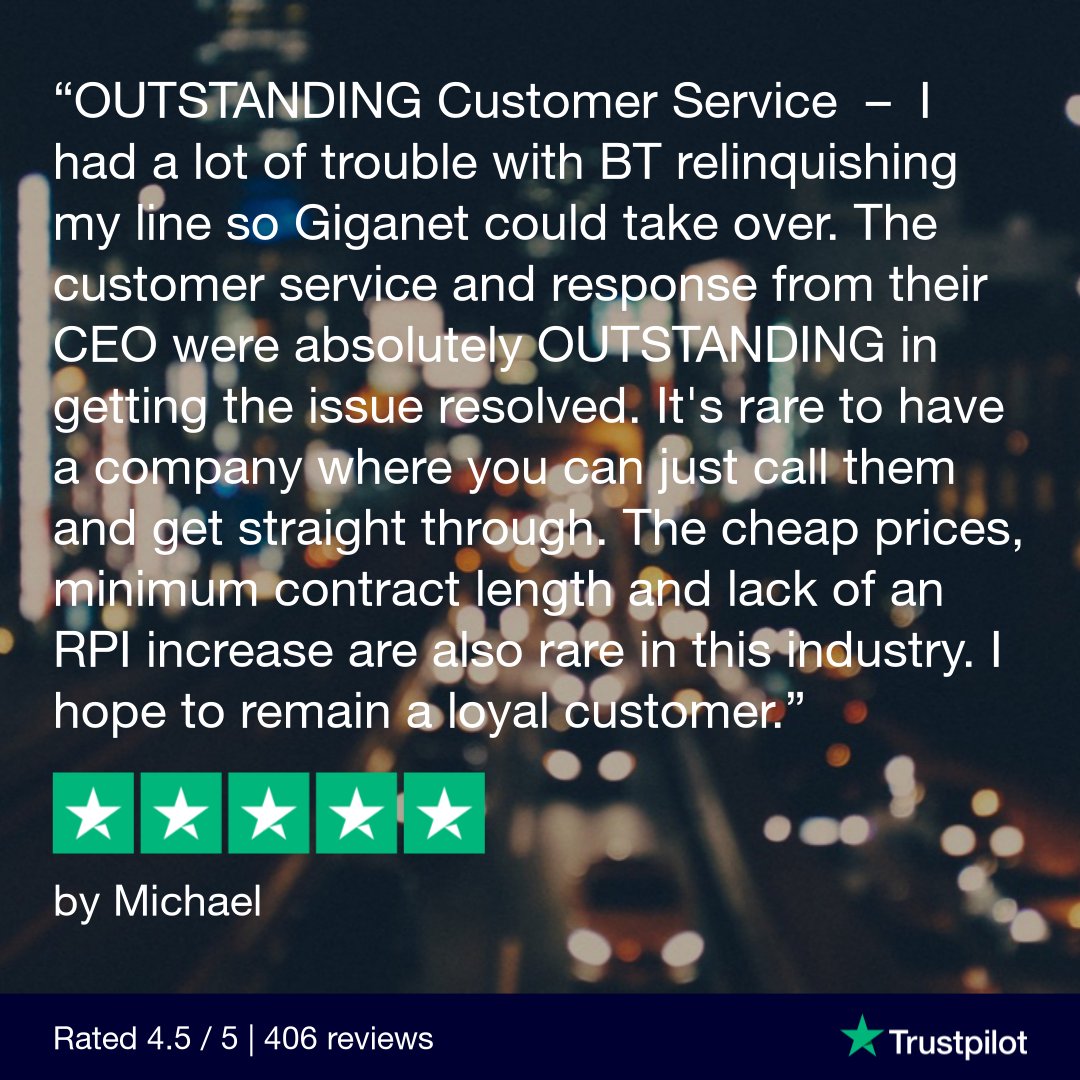 GiganetUK's tweet photo. Thanks Michael! 👍
If you’d like to be as happy with your internet as Michael, take advantage of our #HyperfastBroadband services and switch to Giganet.
Check your postcode to find out more: https://t.co/jFkvCDsCAf
#HappyCustomer #ReviewOfTheWeek #CustomerService @Trustpilot https://t.co/8geH3EYl1f