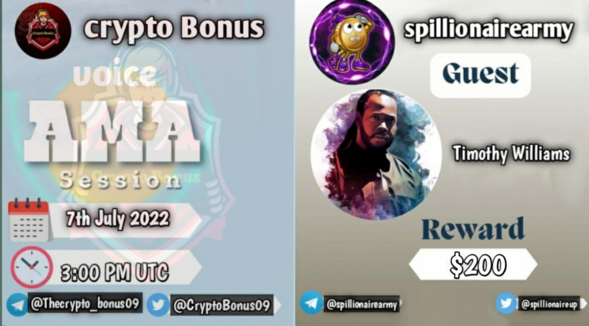 📢 We're thrilled to announce our next #AMA with <a href="/spillionaireup/">Spillionaire Coin</a> on 7th July 2022, 3PM UTC

🔥 Voice AMA

Reward Pool: 200$ 

📍 Venue: t.me/Thecrypto_bonu…

〽️ Rules:

✅ Follow <a href="/CryptoBonus09/">Crypto Bonus</a> &amp; <a href="/spillionaireup/">Spillionaire Coin</a>
✅ Like Retweet &amp; Comment Your (5 Question Max) Tag 3 friends