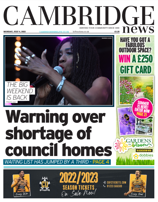 Monday's Cambridge News front page #tomorrowspaperstoday