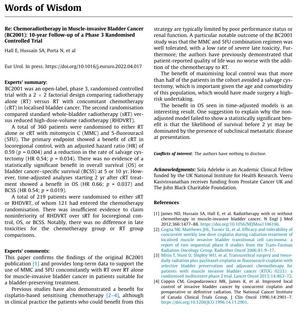European Urology (@euplatinum) on Twitter photo New Words of Wisdom from <a href="/sola_sesola2003/">Sola Adeleke MBBS, MBA, FRCR, PhD</a> Boris Tocco, and Veeru Kasivisvanathan
Re: Chemoradiotherapy in Muscle-invasive Bladder Cancer (BC2001): 10-year Follow-up of a Phase 3 Randomised Controlled Trial
buff.ly/3NC8N7g New Words of Wisdom from <a href="/sola_sesola2003/">Sola Adeleke MBBS, MBA, FRCR, PhD</a> Boris Tocco, and Veeru Kasivisvanathan
Re: Chemoradiotherapy in Muscle-invasive Bladder Cancer (BC2001): 10-year Follow-up of a Phase 3 Randomised Controlled Trial
buff.ly/3NC8N7g