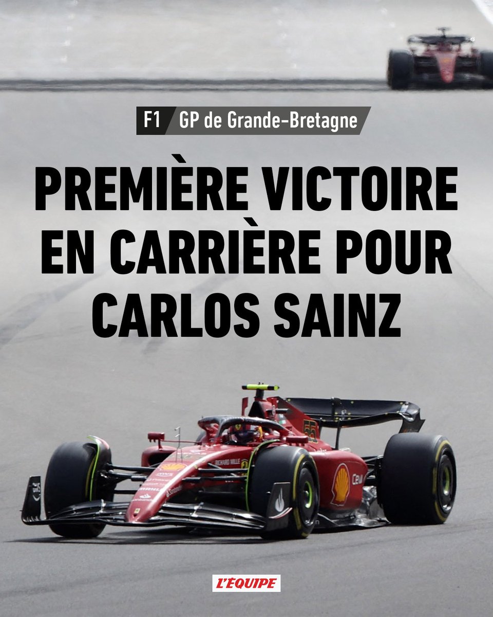 lequipe's tweet photo. Carlos Sainz signe sa première victoire en carrière en Formule 1 au Grand Prix de Grande-Bretagne, devant Sergio Perez et Lewis Hamilton. Charles Leclerc termine 4e https://t.co/f5eSDt8wV5 

#SilverstoneGP https://t.co/Y6bcgP35jb