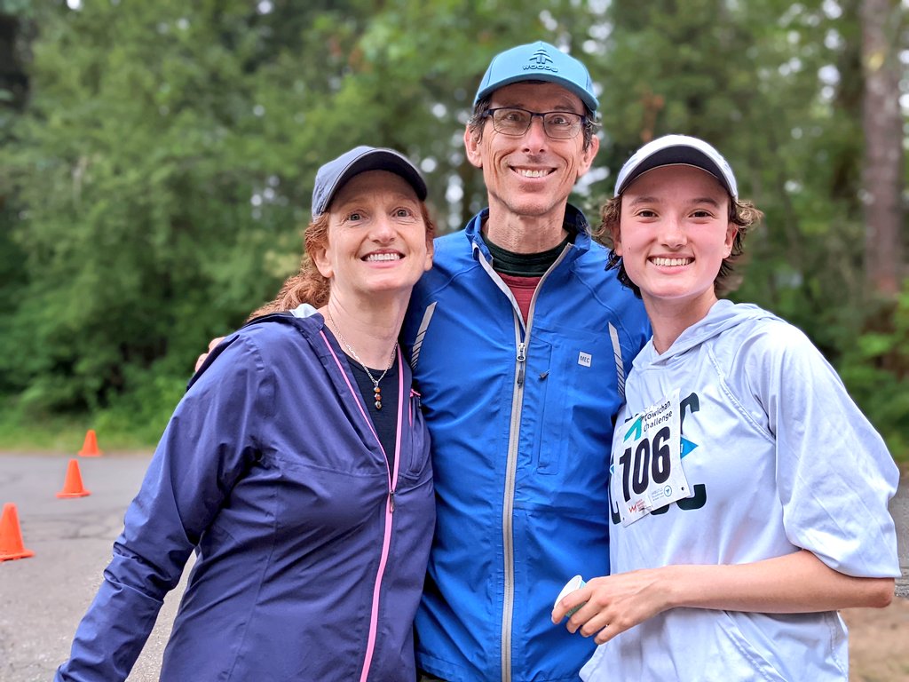 HumanPow's tweet photo. Families that sport together, smile together. First race for @clairegbates! Congratulations Claire! (Mark is a several time national champion.) #CowichanChallenge @hilary_watt @triathlonbc #TriBC https://t.co/kucUmOOZHX