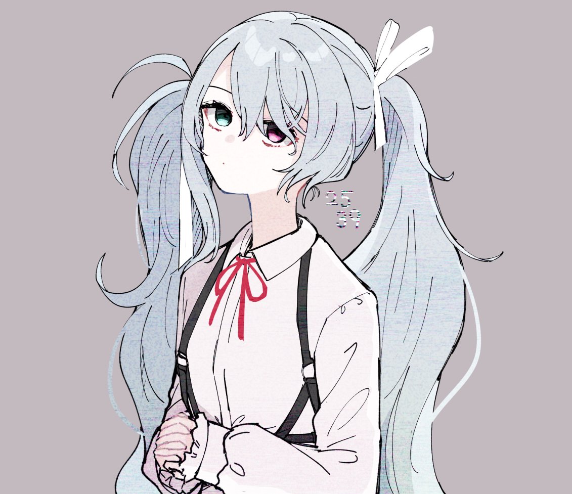 hatsune miku 1girl solo heterochromia twintails long hair ribbon own hands together  illustration images