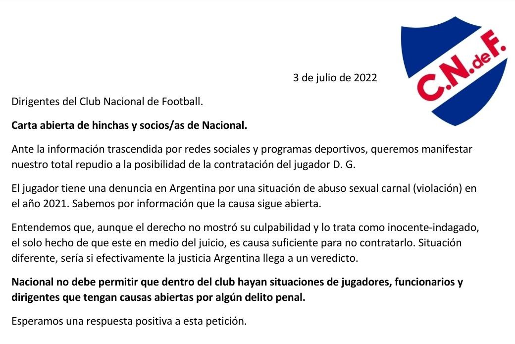 Carta abierta de hinchas y soci@s. 
Porque el club es de TODAS Y TODOS, porque los COLORES NO SE MANCHAN. 
Agradecemos el apoyo con un RT 
🔵⚪🔴
