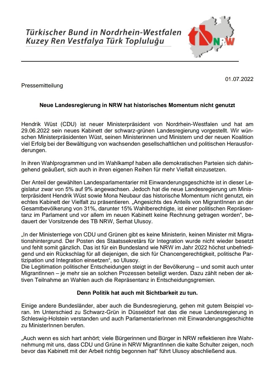 Pressemitteilung des TB NRW vom 01.07.22:
"Neue Landesregierung in NRW hat historisches Momentum nicht genutzt"