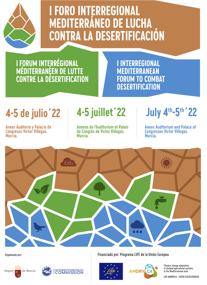 En el marco del proyecto LIFE AMDRYC4, se organiza el I FORO INTERREGIONAL MEDITERRÁNEO DE LUCHA CONTRA LA DESERTIFICACIÓN, que se celebrará los días 4 y 5 de julio en la ciudad de Murcia. Para más información e inscripciones: mediterraneandesertificationforum.es