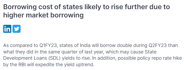 INRBONDS's tweet photo. Borrowing cost of states likely to rise further due to higher market borrowing
https://t.co/abaJoZl1lT
@arjunparthasara 
#SDL
#Marketborrowing
#fiscaldeficit
#RBI https://t.co/RPkIm5bTAZ
