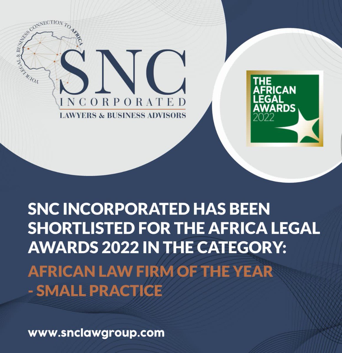 We are delighted to annouce that we have been shortlisted for the #AfricaLegalAwards2022 in the category #AfricanLawFirmOfTheYear-#SmallPractice

Click the below link to see the list of nominees

lnkd.in/dFsQZybM