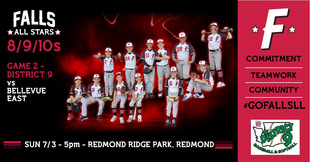 FallsLL's tweet photo. 𝗧𝗵𝗲 𝟮𝟬𝟮𝟮 𝗙𝗮𝗹𝗹𝘀 𝗟𝗟 𝟴/𝟵/𝟭𝟬𝘀 ⚾ 𝗔𝗹𝗹 𝗦𝘁𝗮𝗿𝘀 are back at it D9 tournament action tonight, Sunday 7/3 - 5pm - Redmond Ridge Park.  Lost a tough battle yesterday vs. Sammamish but boys are locked in ready to go tonight against Bellevue East. #GoFallsLL https://t.co/XIr8ULicnh