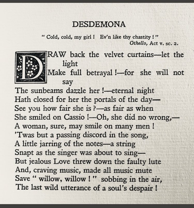 Today’s unusual / less well-known sonnet is Marie Corelli’s ‘Desdemona’ (1924). Corelli’s poems were published posthumously by her partner Bertha Vyver, and her house in Stratford-upon-Avon is now the @ShakesInstitute. #PrettyRooms [342]