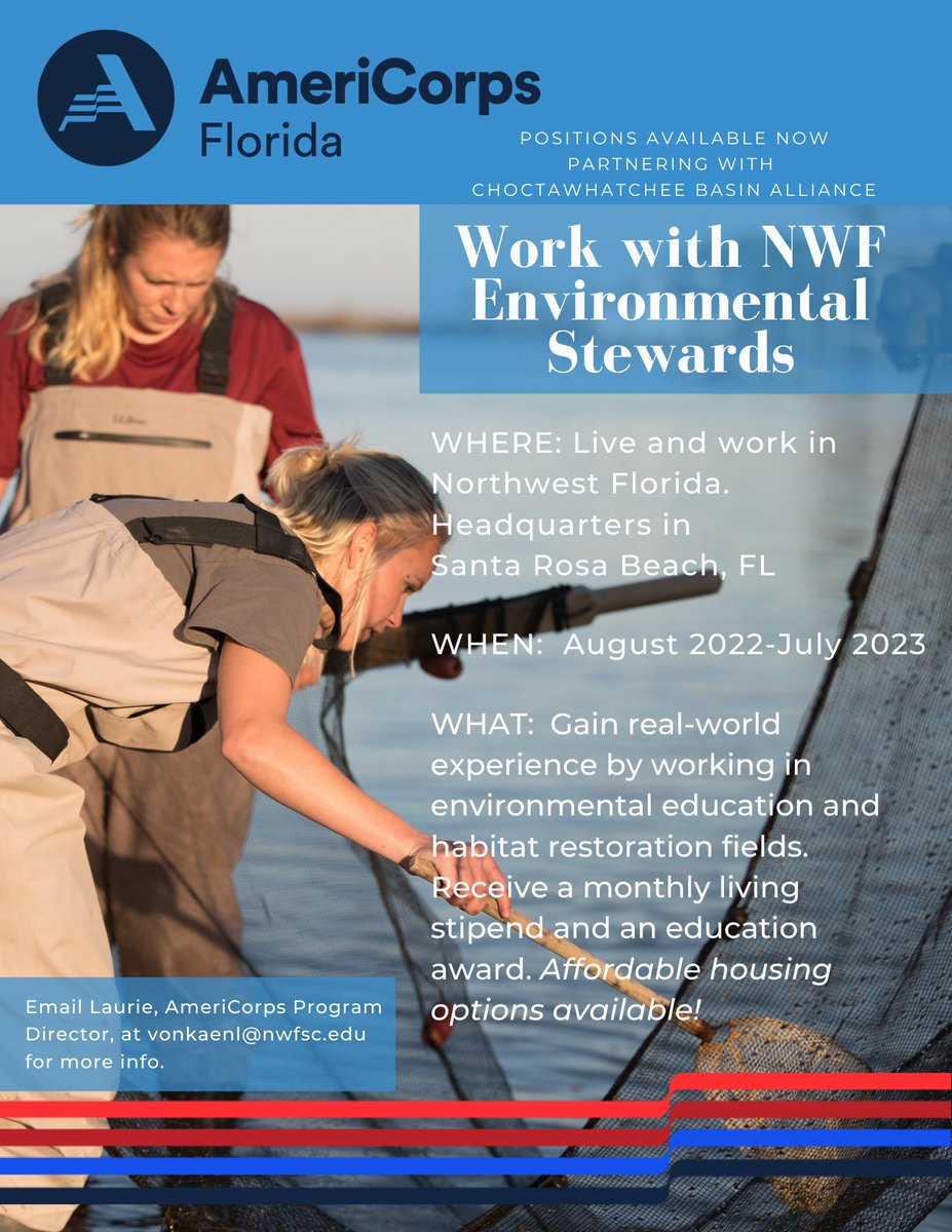 GISatUWF's tweet photo. The Choctawhatchee Bay Alliance is recruiting AmeriCorps members for 22-23 right now for an August 2022 start. The contact for more info is on the flyer.  Help us share this great opportunity! https://t.co/b5vKFgIzjL