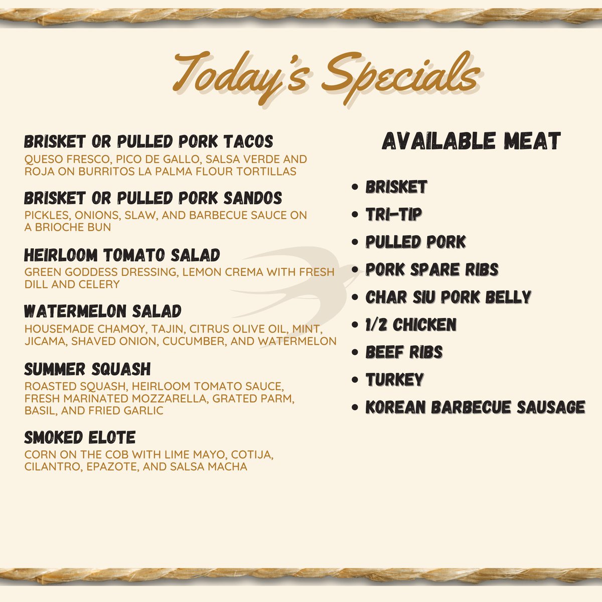 Our limited menu for curbside pickup will be available to order from at cashdrop.biz/heritagebarbec… at 10:30 am!

Note: We will be closed Monday, July 4, but open for regular service today (dine-in and same-day curbside pickup).