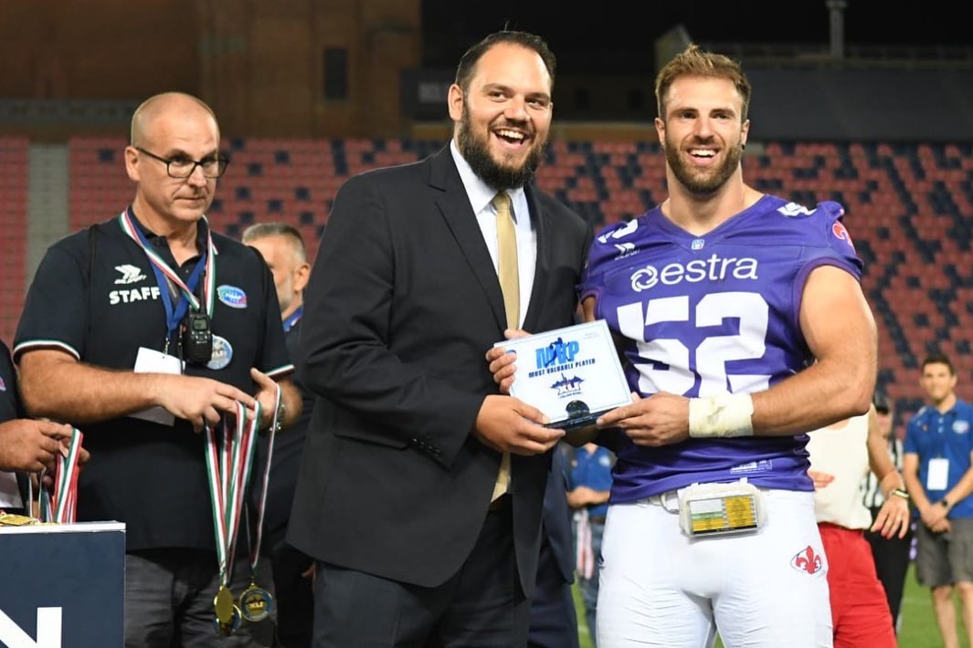 pierretrochet's tweet photo. Thankful for the invitation from @Fidaf_News to be a part of ‘22 @1div_fidaf #ItalianBowl🏈🇮🇹. Pleasure to meet president Leoluca Orlando and Emilia Romagna @Coninews VP Vittorio Andrea Vaccaro. 
#LeadingFootballWorldwide @IFAFMedia https://t.co/fR6NjANuif