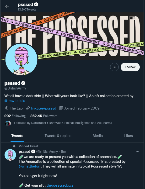 vxunderground's tweet photo. The @BritishArmy has been compromised and is currently being used to shill NFTs.

Previous archive of the Twitter profile: https://t.co/dQmlxlY5l8 https://t.co/gifpsOy000