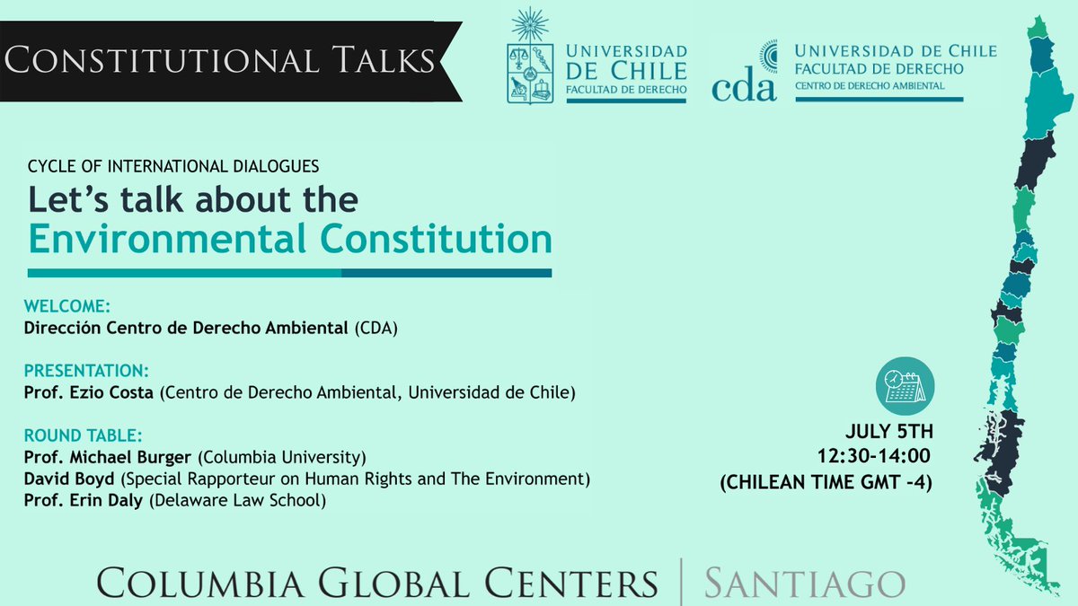 Columbia Global Center Santiago (@cgcsantiago) on Twitter photo July 5, 12.30 pm CONSTITUTIONAL TALK w/ <a href="/eziocosta/">Ezio CostaCordella</a> from <a href="/derechouchile/">Facultad de Derecho</a>, <a href="/ProfBurger/">Mike Burger</a> <a href="/SabinCenter/">Sabin Center</a> director, David Boyd (<a href="/SREnvironment/">SREnvironment</a>), UN Special Rapporteur on #humanrights & #environment & Erin Daly, director of @GnhreCommunity | Register ➡️ zoom.us/webinar/regist… | <a href="/cdauchile/">Centro de Derecho Ambiental de la U. de Chile</a> July 5, 12.30 pm CONSTITUTIONAL TALK w/ <a href="/eziocosta/">Ezio CostaCordella</a> from <a href="/derechouchile/">Facultad de Derecho</a>, <a href="/ProfBurger/">Mike Burger</a> <a href="/SabinCenter/">Sabin Center</a> director, David Boyd (<a href="/SREnvironment/">SREnvironment</a>), UN Special Rapporteur on #humanrights & #environment & Erin Daly, director of @GnhreCommunity | Register ➡️ zoom.us/webinar/regist… | <a href="/cdauchile/">Centro de Derecho Ambiental de la U. de Chile</a>