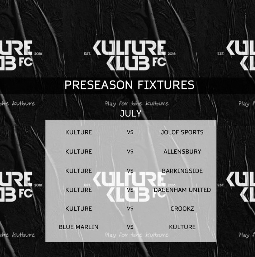 Preseason Fixtures July 07.07 vs @AllenburysFC 14.07 vs @BarkingsideFC 16.07 vs @DagenhamUTD_FC 21.07 vs @CrookzUnited 30.07 vs @BlueMarlinFC