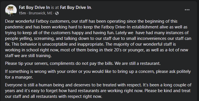 MusingsInRetail's tweet photo. A little place I like to visit when I go to Maine just posted this. It's pretty sad that such a post needs to be made. Customers do NOT know how to act like mature adults to solve a problem &amp; think verbally abusing kids is okay.

That shit is why places are short-staffed. https://t.co/2JfSxh1Ar0