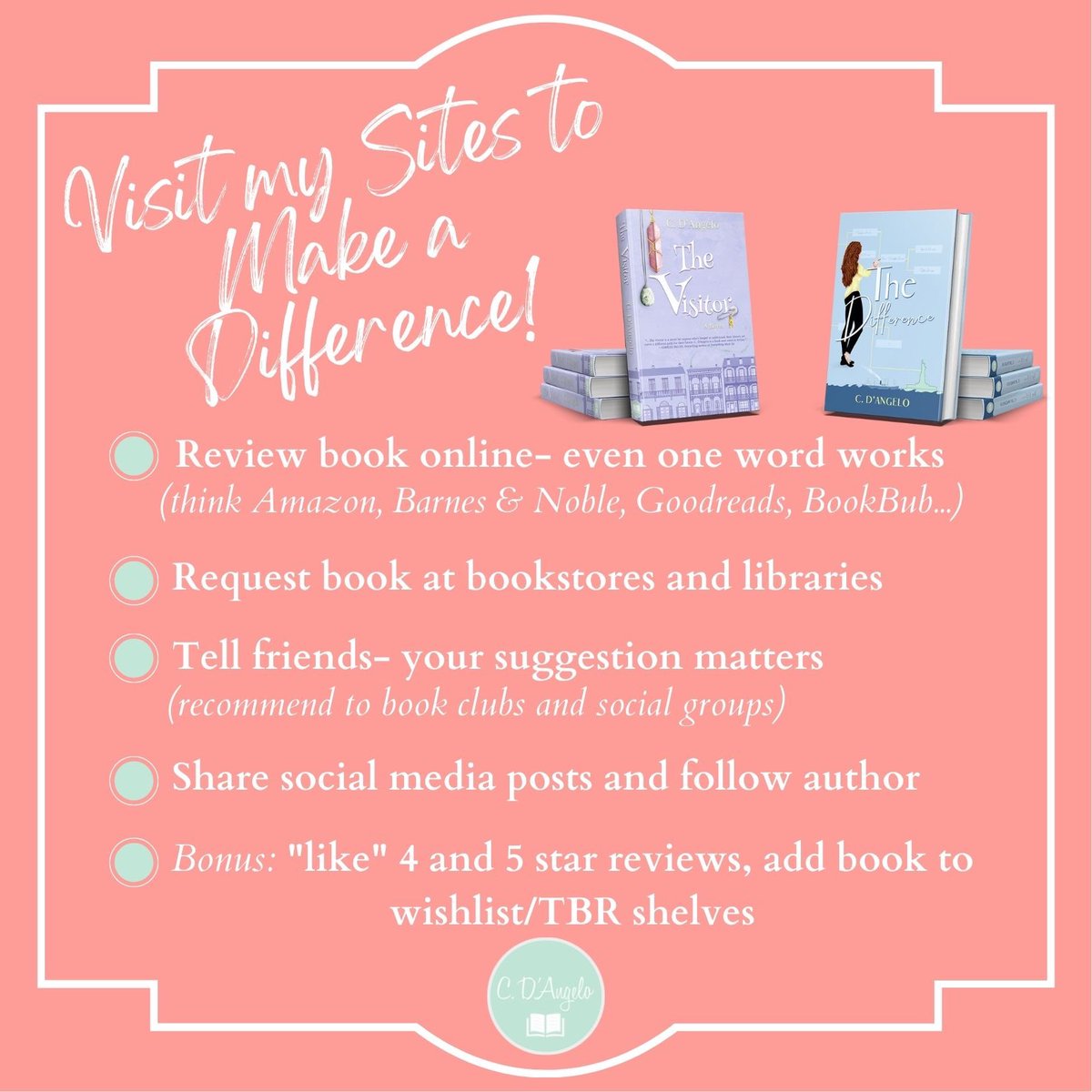 Some helpful tips for any book you’re reading this weekend. Reviews help us authors more than you could imagine. Thanks!

#CDAngeloAuthor #TheDifferencebook #TheVisitorbook #womensfiction #italianamericanauthor #contemporaryfiction #chicklitreads #chicklitbooks