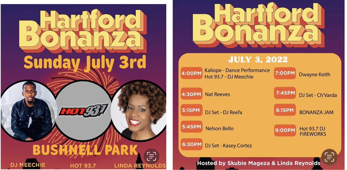 hot937's tweet photo. Today, Sunday July 3rd it’s #HartfordBonanza @BushnellParkF in Hartford 4-9p.m. @hot937 ‘s @LindaHot937 is hosting, music by #DJMeechie. Join us for music, fireworks and fun! https://t.co/iPSeH1WNN9