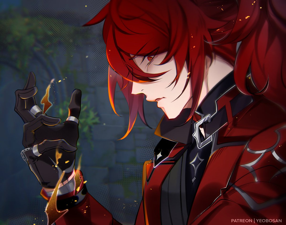 diluc (genshin impact) 1boy male focus red hair gloves red eyes solo ponytail  illustration images