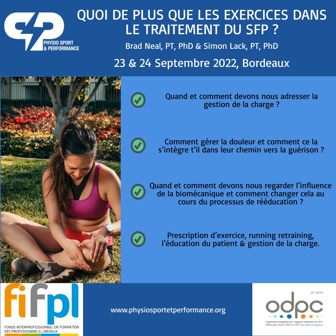 PSP Formations (@psp_formations) on Twitter photo 🛎Formation🛎
Nous recevrons prochainement <a href="/DrBradNeal/">Brad Neal</a> et <a href="/simonthephysio/">Dr Simon Lack</a> pour leur formation sur la prise en charge des patients souffrant de Syndrome Fémoro-Patellaire 🦵
📆 23&24 Septembre 2022
📍Bordeaux
🔗physiosportetperformance.org/bradley-s-neal…
<a href="/biscaphysio/">Jerome Riera</a> 🛎Formation🛎
Nous recevrons prochainement <a href="/DrBradNeal/">Brad Neal</a> et <a href="/simonthephysio/">Dr Simon Lack</a> pour leur formation sur la prise en charge des patients souffrant de Syndrome Fémoro-Patellaire 🦵
📆 23&24 Septembre 2022
📍Bordeaux
🔗physiosportetperformance.org/bradley-s-neal…
<a href="/biscaphysio/">Jerome Riera</a>