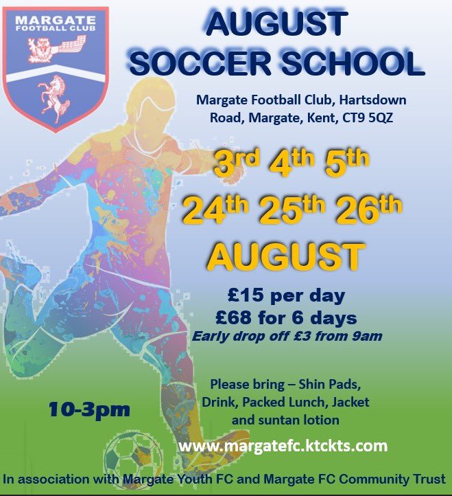 margate_fc's tweet photo. Check out our incredible @Margate_YouthFC Summer School offer. 

All 6️⃣ days in August for a fantastic price of just £68. 

Register your child’s place now 👇

https://t.co/DPN109jRX9 https://t.co/Advyx8Nr75