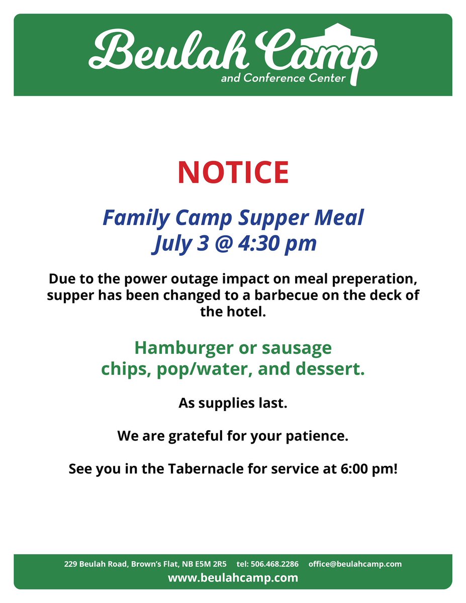 beulahcamp's tweet photo. Power is still out. Supper has been modified for tonight. Thanks for your patience! https://t.co/yWXnFxGAUu