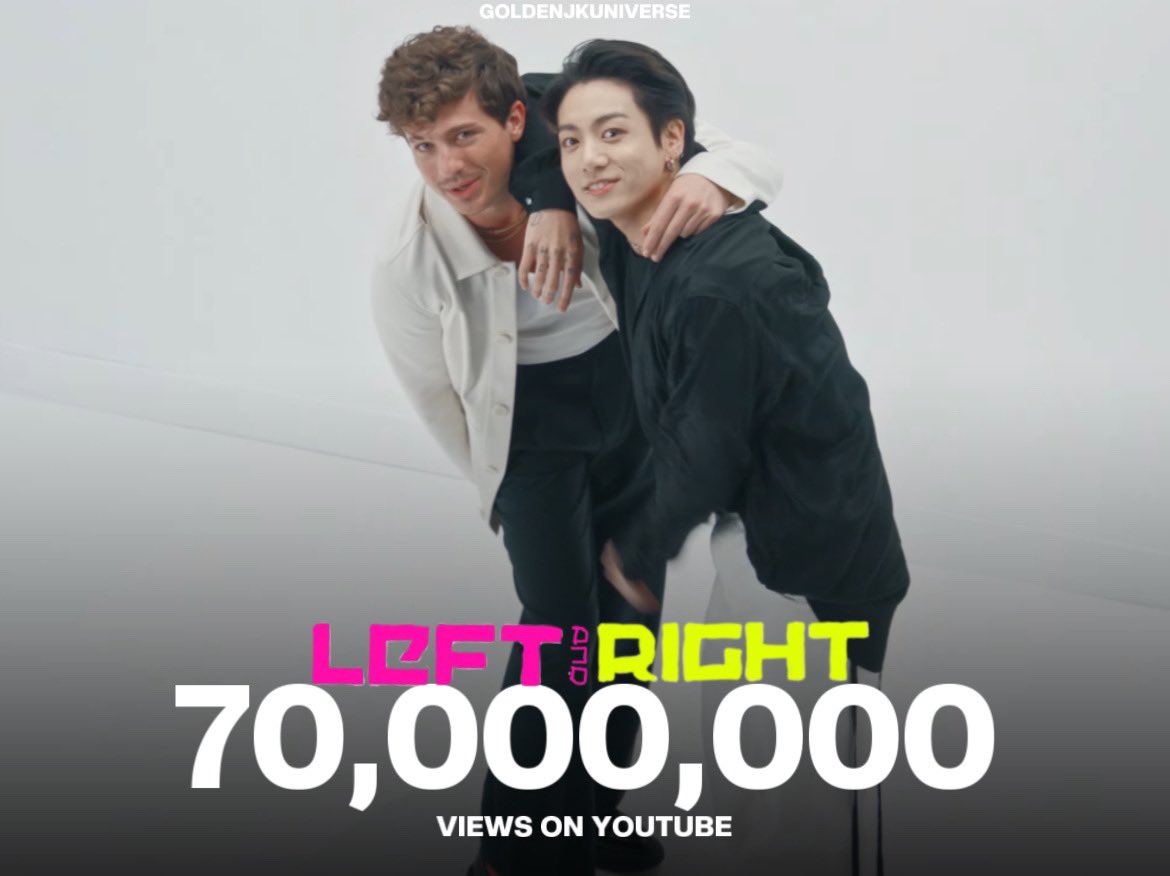 [220703] Charlie Puth feat. #Jungkook 'Left and Right' müzik videosu Youtube'da 70 milyon görüntülenmeyi geçti. cr. GoldenJKUnivers